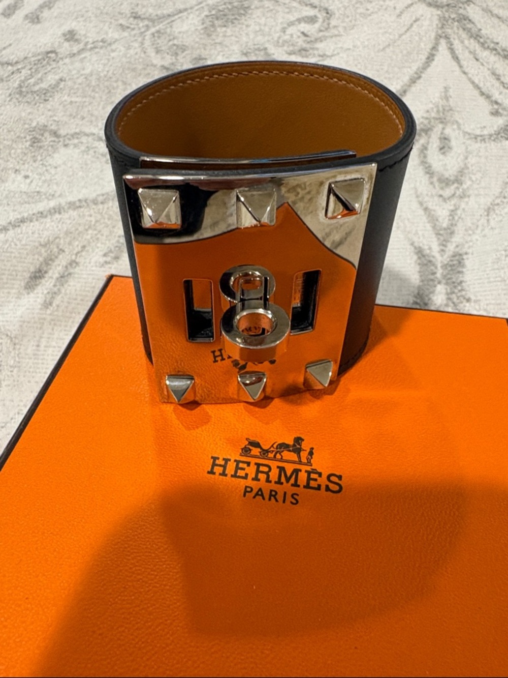 Hermès Black Leather Wide Cuff with Silver Pyramid Hardware